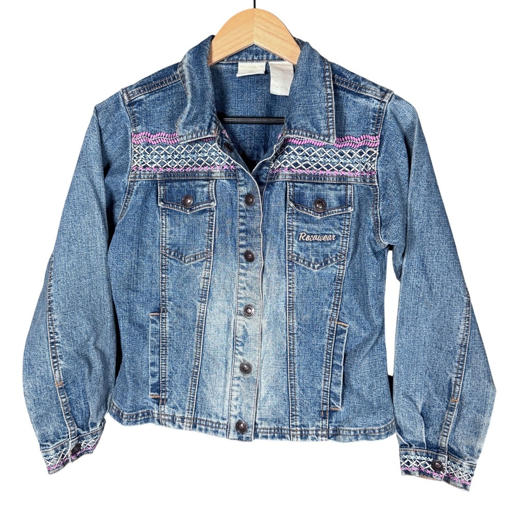 Rocawear Denim Jacket Embroidered Pink Blue White Flame Logo Sz L 12/14 Vtg 90s‎